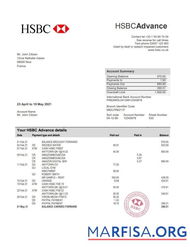 Printable France HSBC bank statement word version 2 download for verification